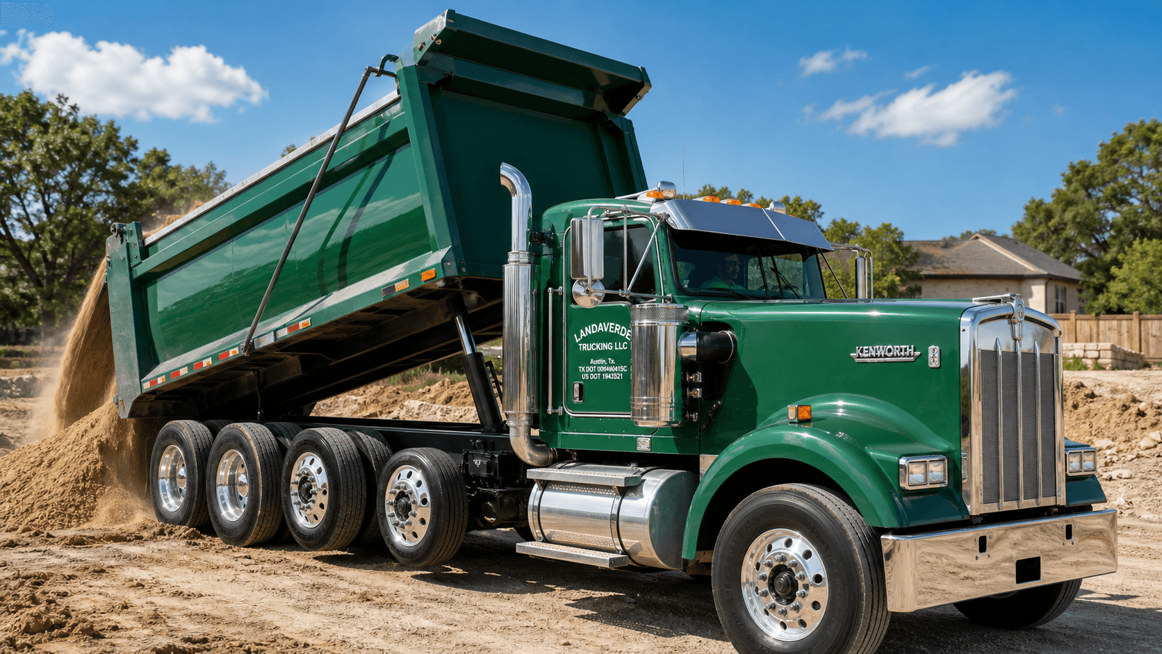 Clean green Landaverde Trucking dump truck dumping material at a job site